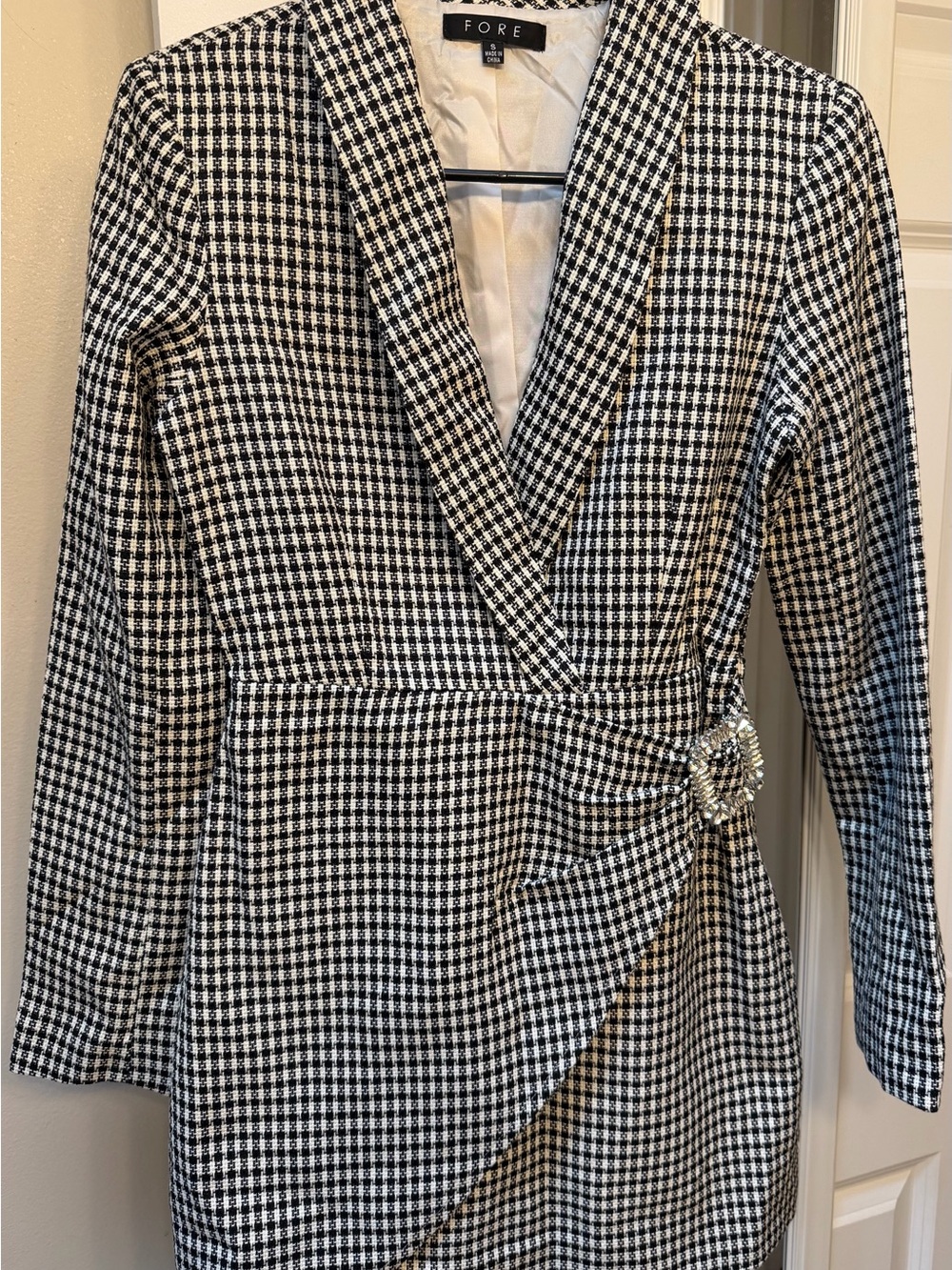 FORE Black & White Houndstooth Wrap Blazer Dress with Pearl Buckle